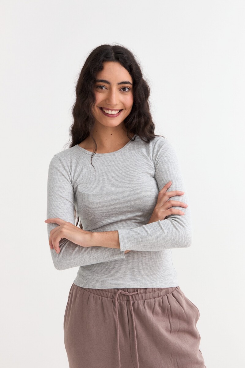Remera m/l acanalada cuello a la base - Gris melange 