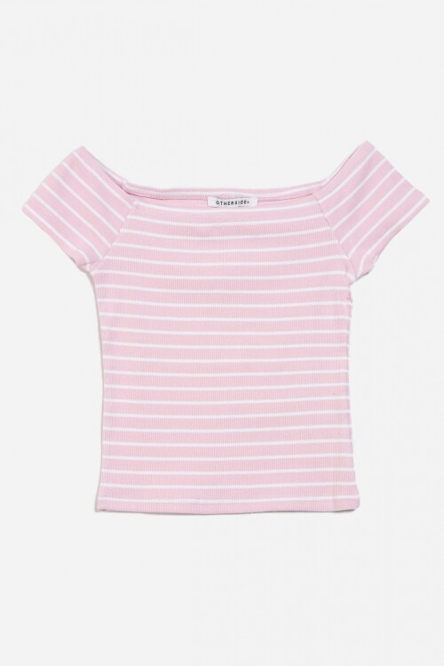 Remera off shoulder a rayas ROSA