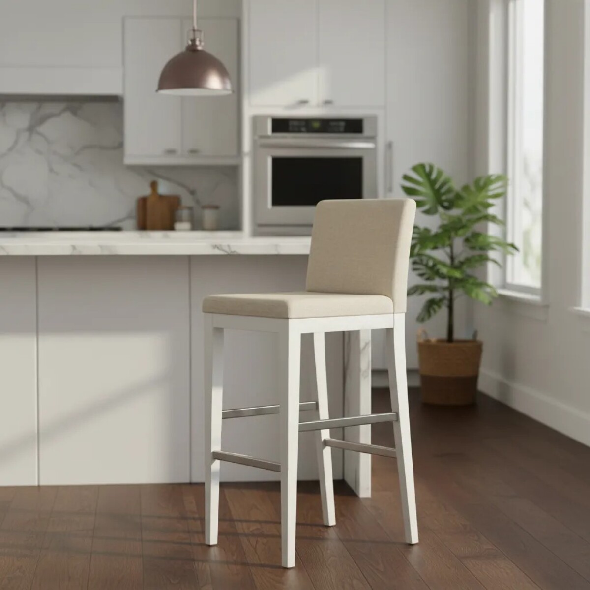 Banco para barra - Tapizado tela beige - PRODUCTO CON DETALLES - 