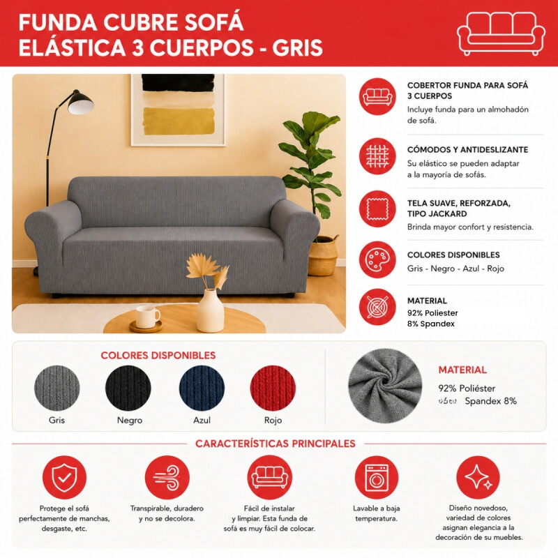 Funda cubre sofá elástica 3 cuerpos GRIS