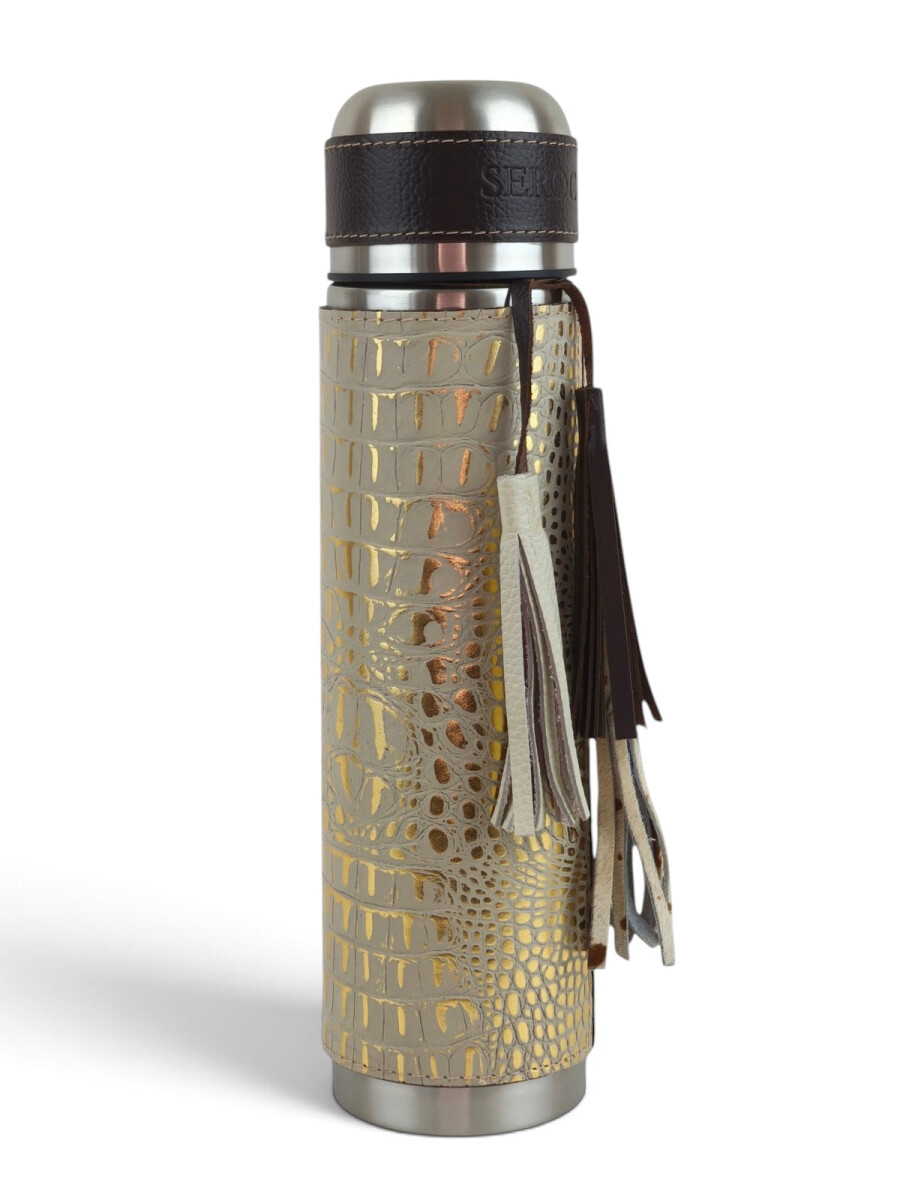 Termo de acero forrado en cuero de 1lt - Beige con dorado 