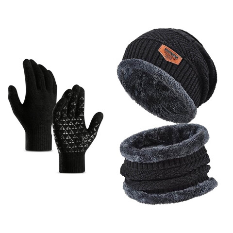 Kit Set Invierno Gorro Bufanda Cuello Guantes Abrigo Unisex ® Color Variante Negro