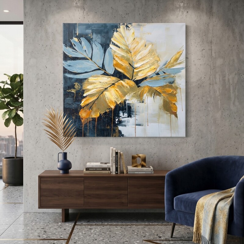 CUADRO DIS HOJAS AZUL COMB 50X50CM Unica
