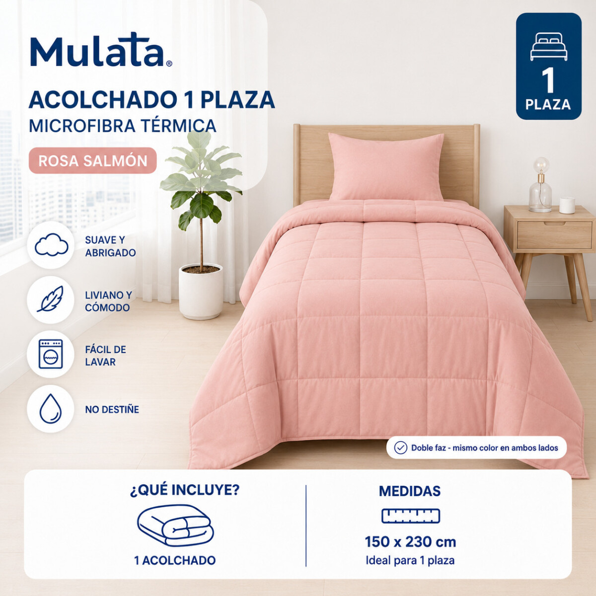 Acolchado 1 Plaza Doble Faz Microfibra Térmico 150 x 230cm - Rosa Salmón 