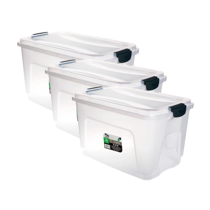 Set x3 Caja organizadora 50 lts de plástico reforzada TRANSPARENTE
