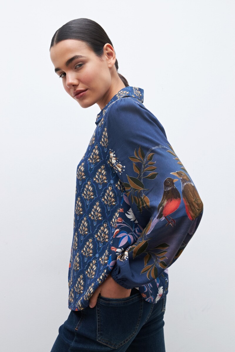 Camisa estampada patchwork floral azul marino