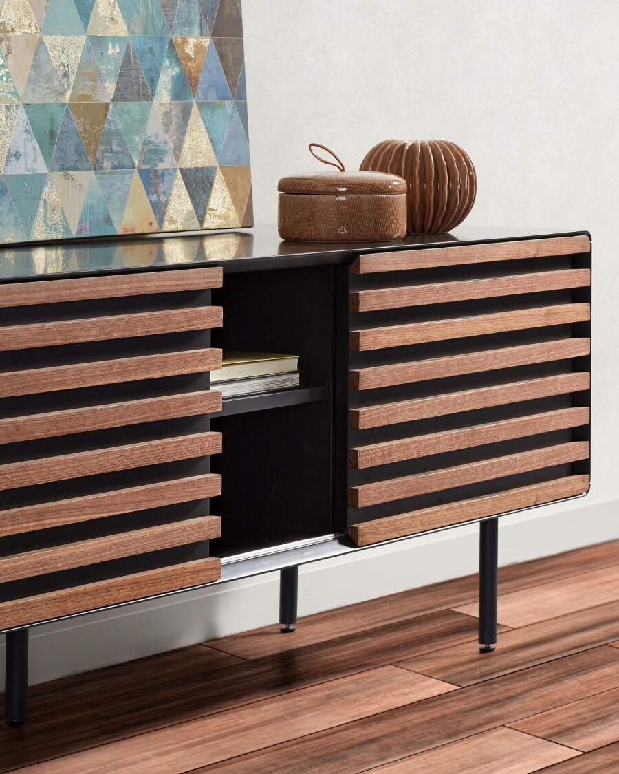 Mueble TV Kesia lacado gris con chapa de nogal 162 x 58 cm
