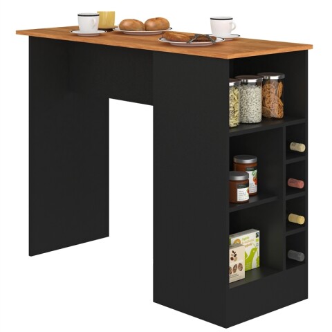 Mueble Barra de Cocina Desayunadora Con Nichos Para Vinos Y Almacenado - Negro / Cinamomo Mueble Barra de Cocina Desayunadora Con Nichos Para Vinos Y Almacenado - Negro / Cinamomo