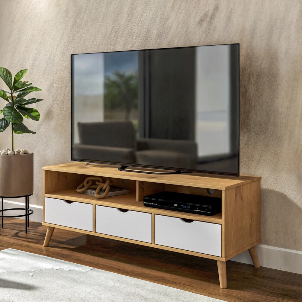 RACK APARADOR PARA TV 3 CAJONES - MADERA MACIZA Color blanco