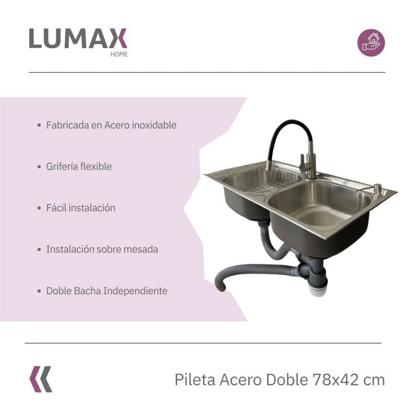 Pileta de cocina Lumax Acero Doble Canilla flexible 78x42 cm Negro