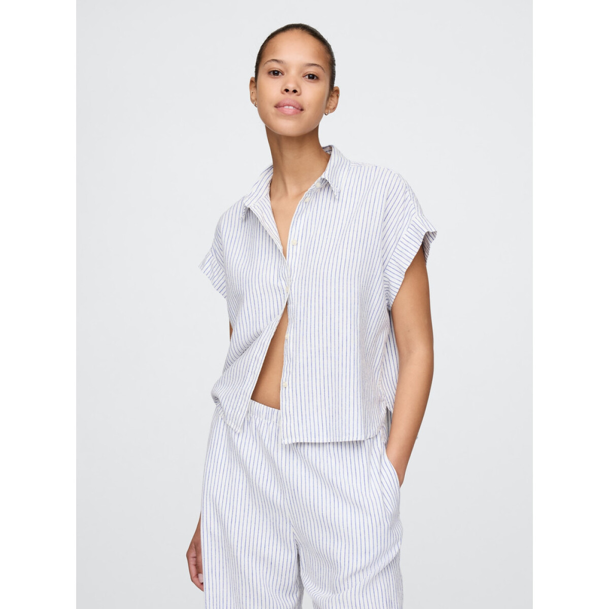 SS SHIRT - LINEN - BLUE WHITE STRIPE 