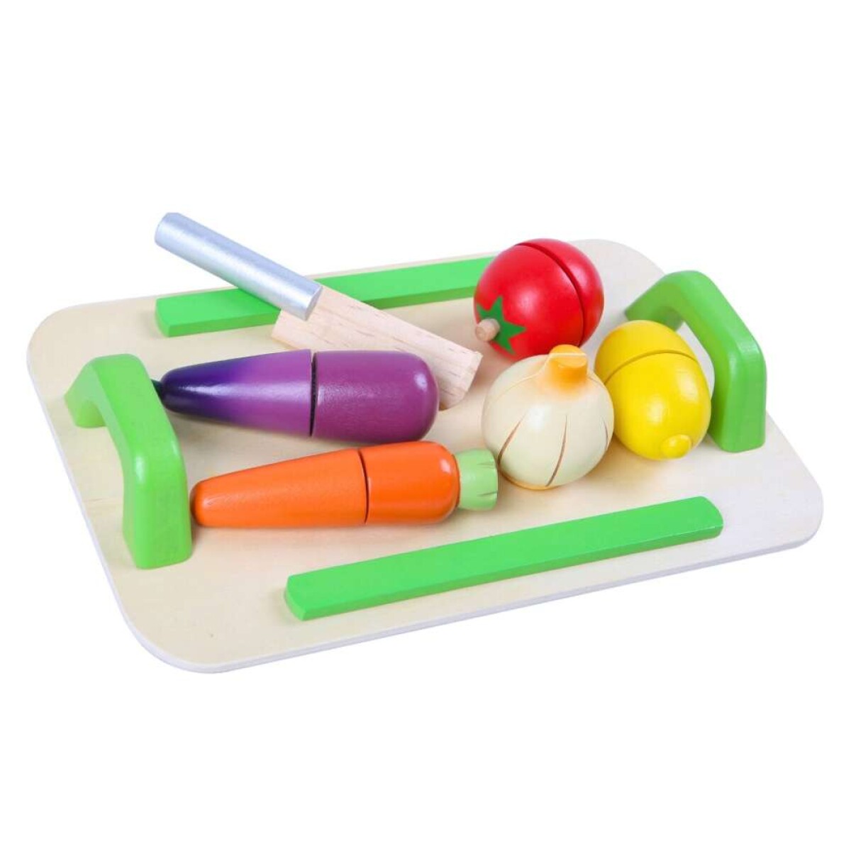 Set De Vegetales De Madera Con Bandeja Y Cuchillo - 12 Piezas 