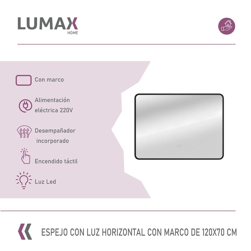 Espejo Horizontal Lumax c/marco desempañador y luz 120x70cm Negro