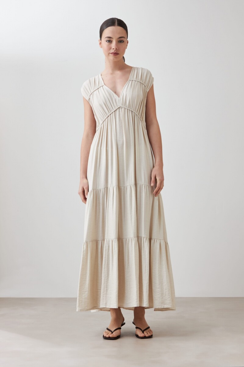 Maxi vestido con frunces beige melange