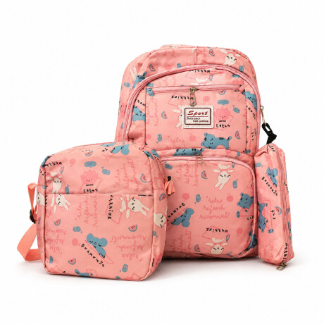 Set Mochila 3 Piezas Diseño Animalitos Escolar Resistente Rosa Claro