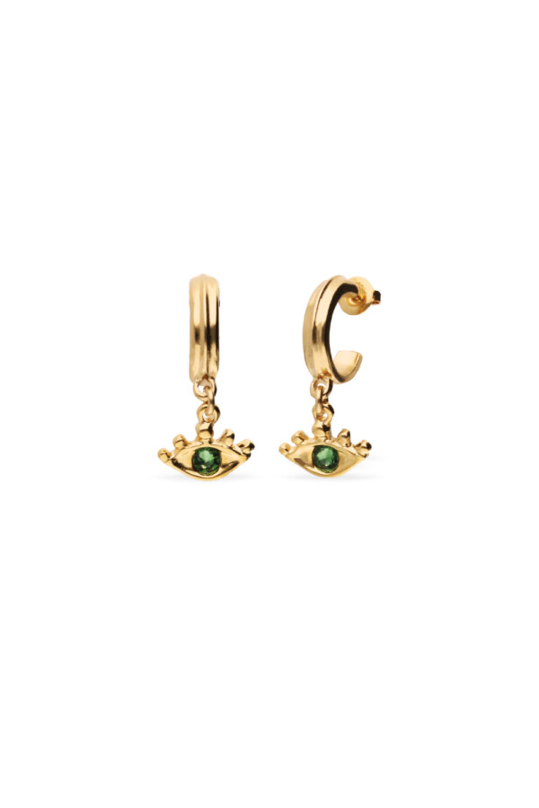 PENDIENTES DE ARO EN ALEACIÓN DE METALES BAÑADOS EN ORO 18K CON DETALLE DE OJO CON CRISTAL VERDE Pendiente