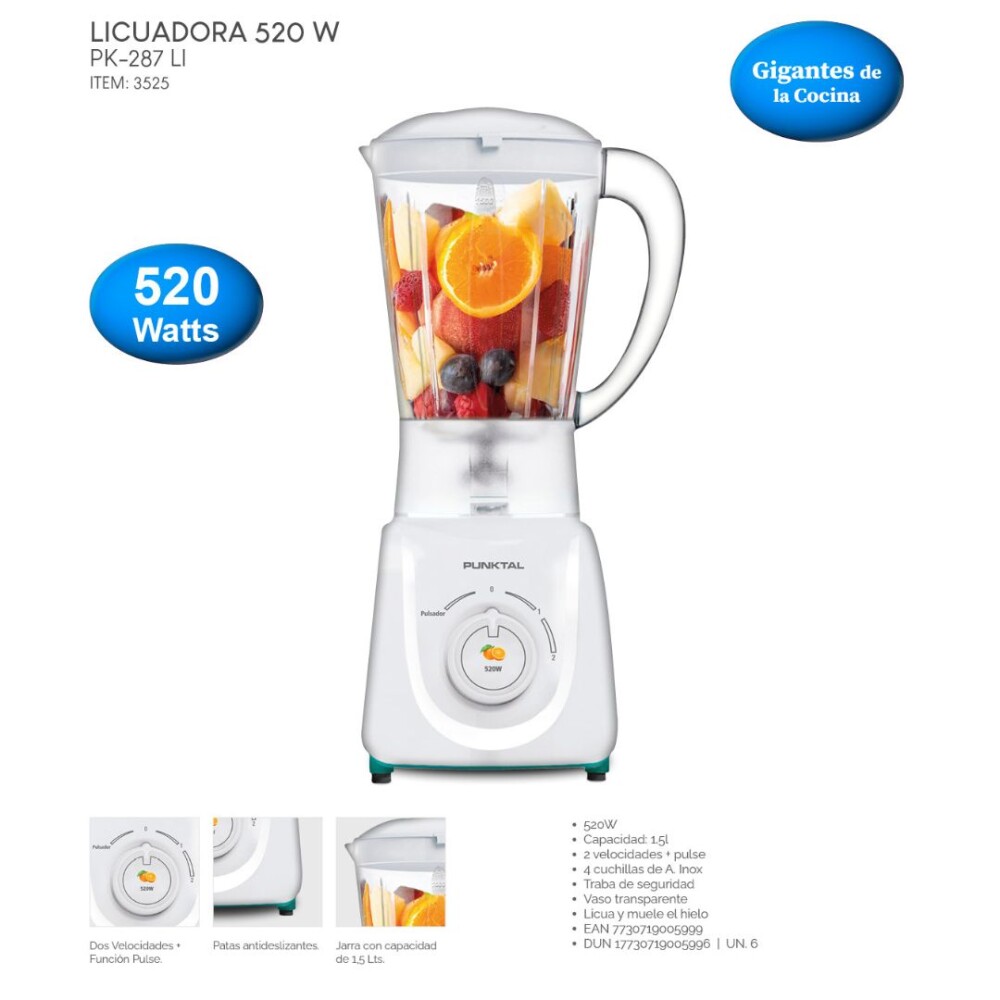 Licuadora - 520W 1,5L con Pulse y Cuchillas de Acero Inox - Punktal Licuadora - 520W 1,5L con Pulse y Cuchillas de Acero Inox - Punktal