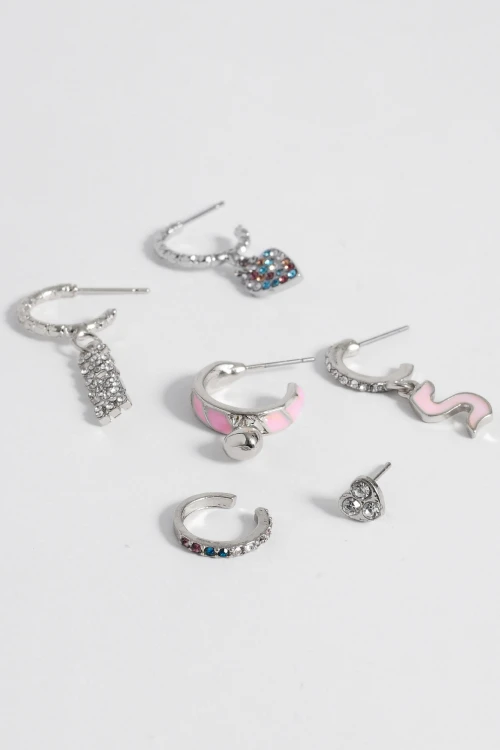 Set caravanas rosa dije corazon plateado