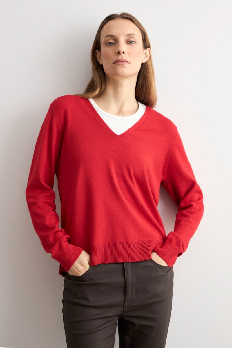 Sweater básico escote V rojo