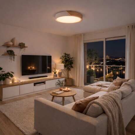 Plafón led circular de madera y aluminio blanco mate Luz neutra