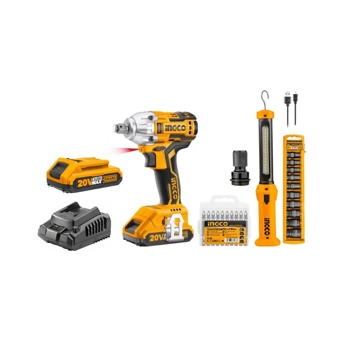 Kit Ingco llave de Impacto a batería 20V + linterna + accesorios 