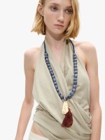 Collar Con Cuentas De Vidrio Colgante De Borla azul