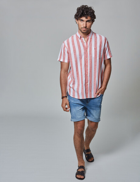 Camisa lino m/c rayada ladrillo