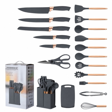 Set Utensilios Cocina 19Pz + Escurridor 2Niv Acero Inox Gris