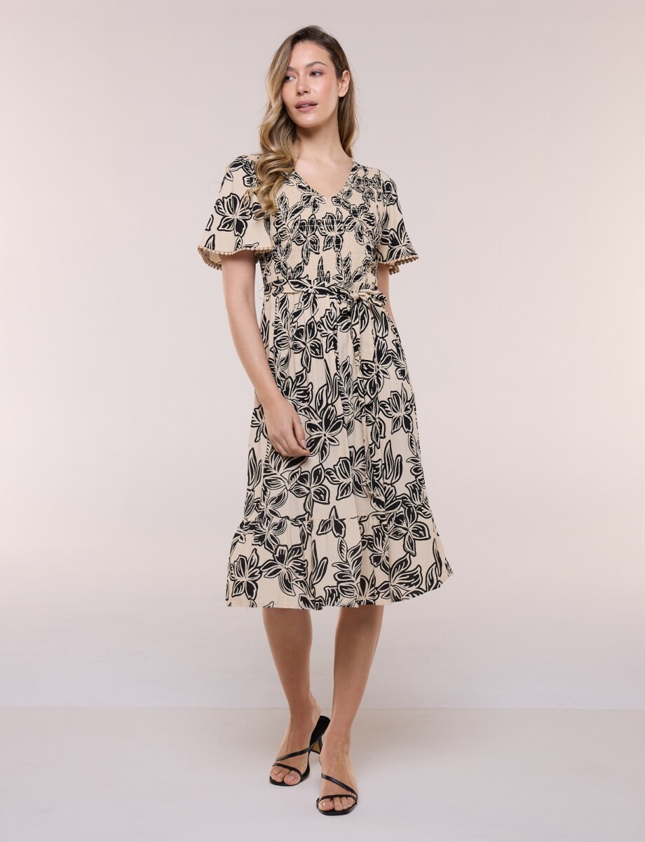 Vestido Punto Smock - Negro/beige 
