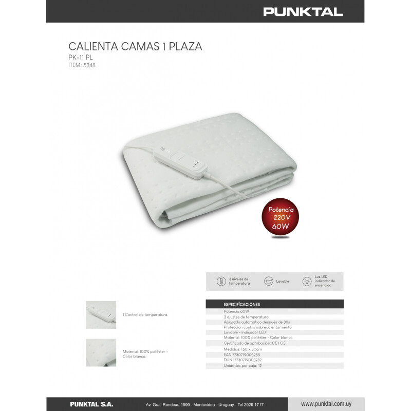 Calienta Cama Punktal 1 Plaza Eléctrico Lavable 3 Temperaturas Manta Térmica 150x80 Bajo Consumo Calienta Cama Punktal 1 Plaza Eléctrico Lavable 3 Temperaturas Manta Térmica 150x80 Bajo Consumo