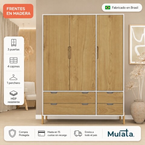 Ropero Armario de 3 Puertas, Perchero y 4 Cajones en MDP - Madera - Línea Melilla - Blanco Ropero Armario de 3 Puertas, Perchero y 4 Cajones en MDP - Madera - Línea Melilla - Blanco