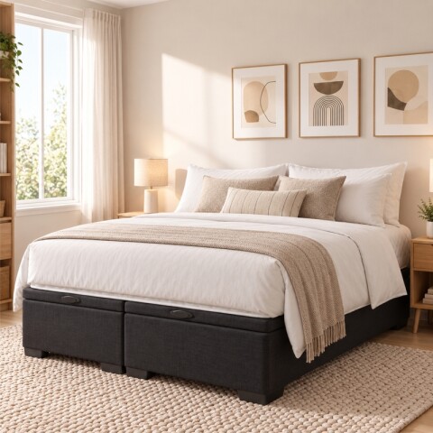 Base Box Baul para Sommier Colchon - Estructura Madera Maciza - Negro 192 x 203 x 35 cm Doble