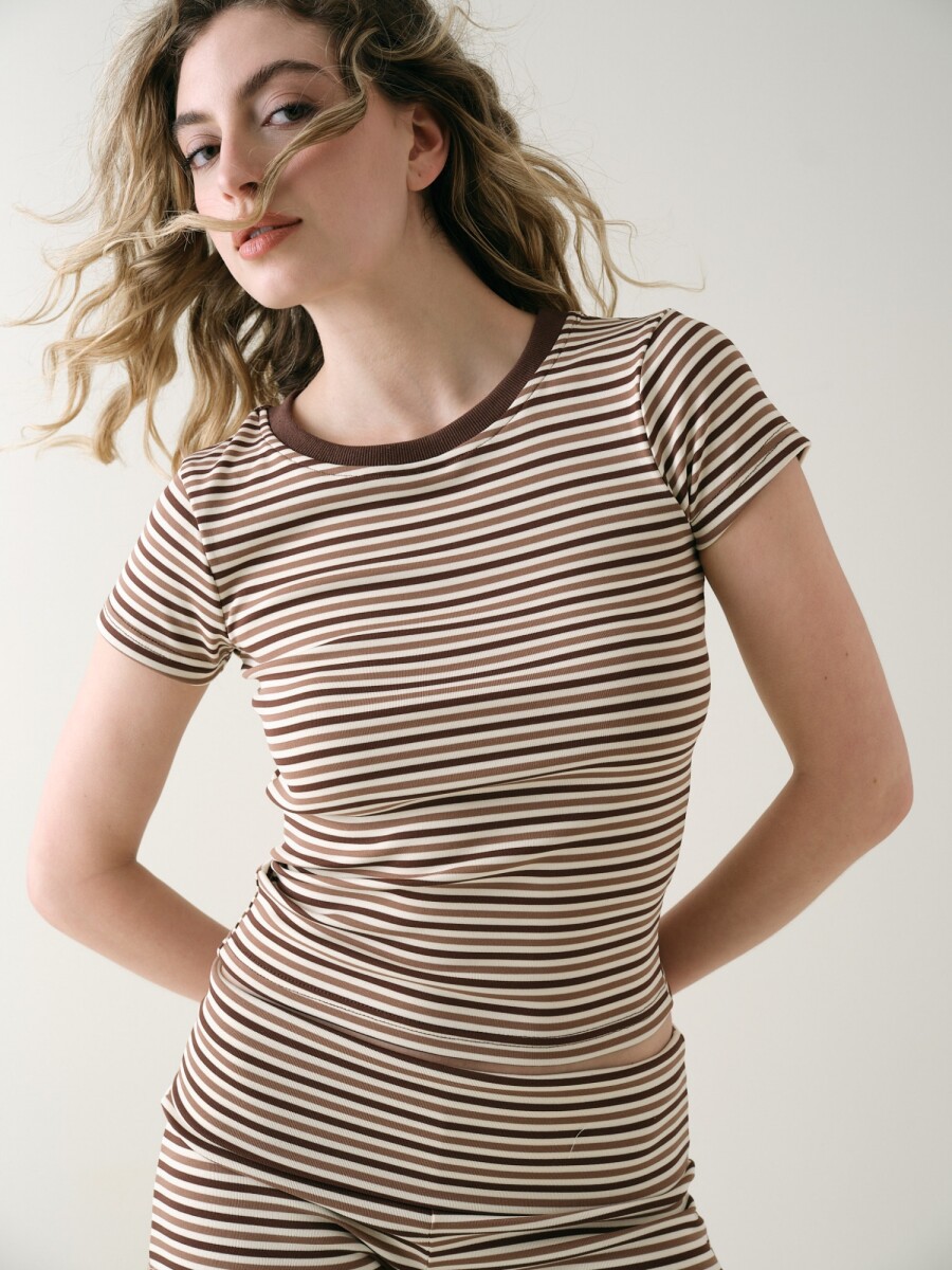 Remera Entallada Algodón Rayado - Marron 