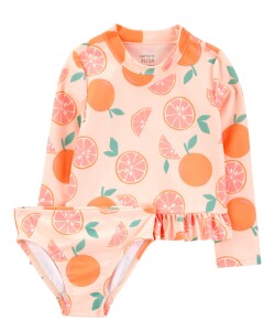 Malla de baño dos piezas, protección UPF 50+, manga larga, con volado y diseño naranjas Sin color