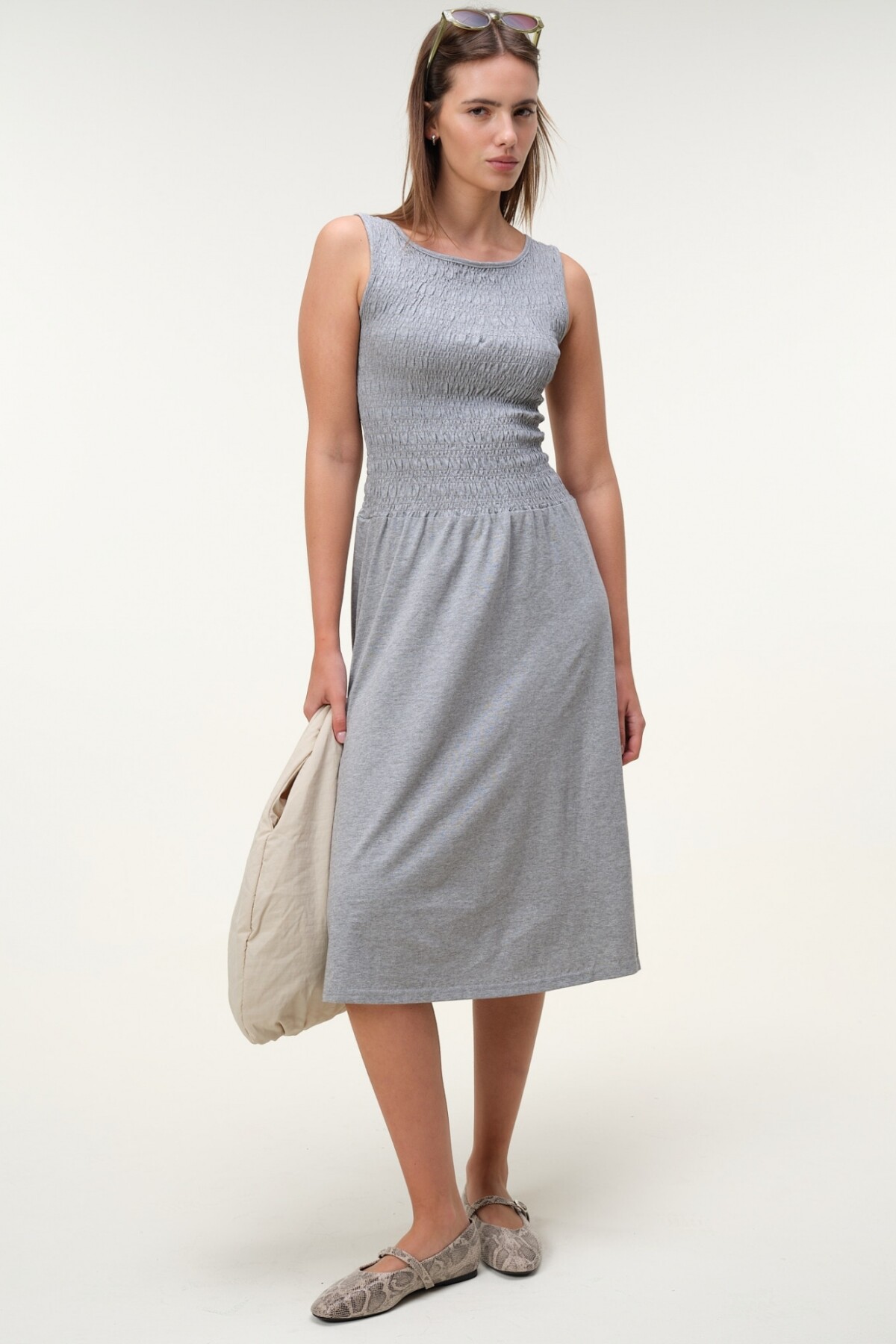 Vestido Frunces Algodón Gris Melange