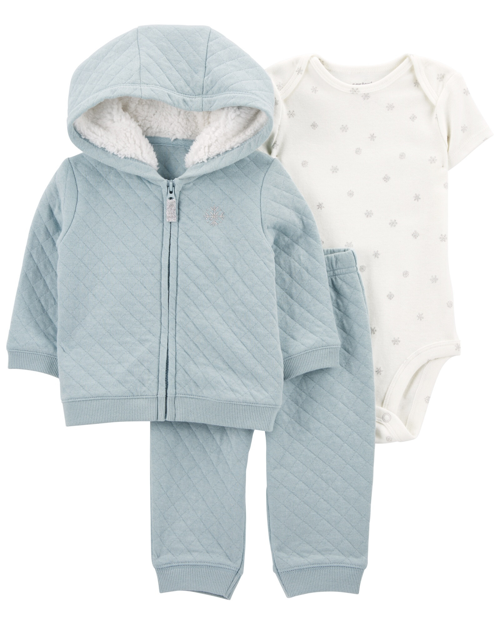 Set tres piezas de algodón, campera y pantalón capitoneados, más body, diseño copos Set tres piezas de algodón, campera y pantalón capitoneados, más body, diseño copos