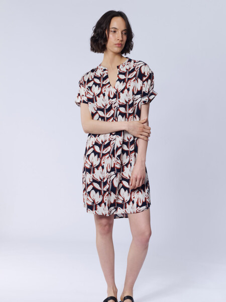 Vestido corto camisero Estampado Flores Azul
