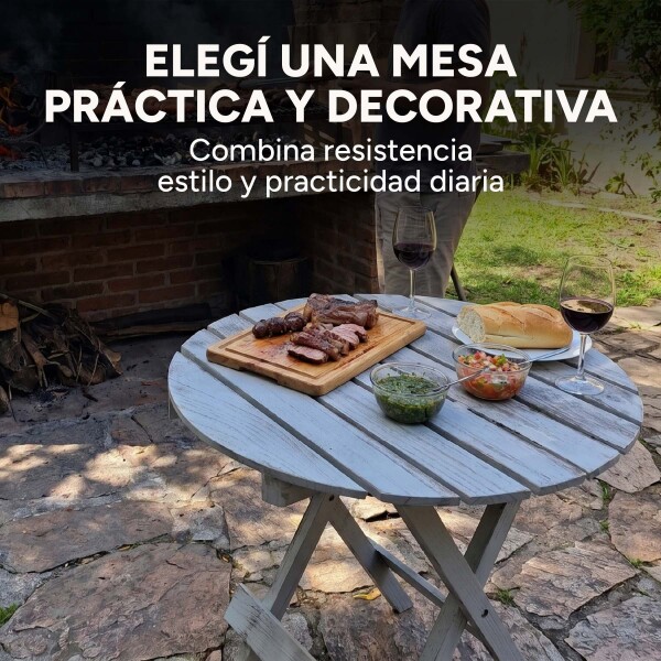 Mesa Plegable Auxiliar Circular Madera Vintage Rústica Gris