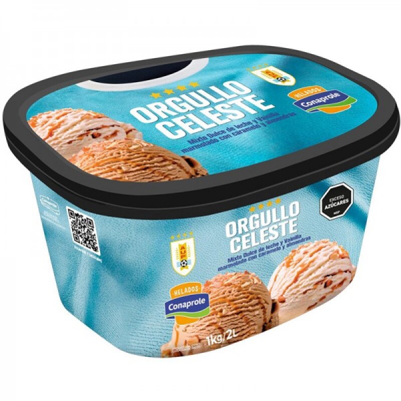 Helado Conaprole Orgullo Celeste vainilla, DDL, caramelo y almendras Helado Conaprole Orgullo Celeste vainilla, DDL, caramelo y almendras
