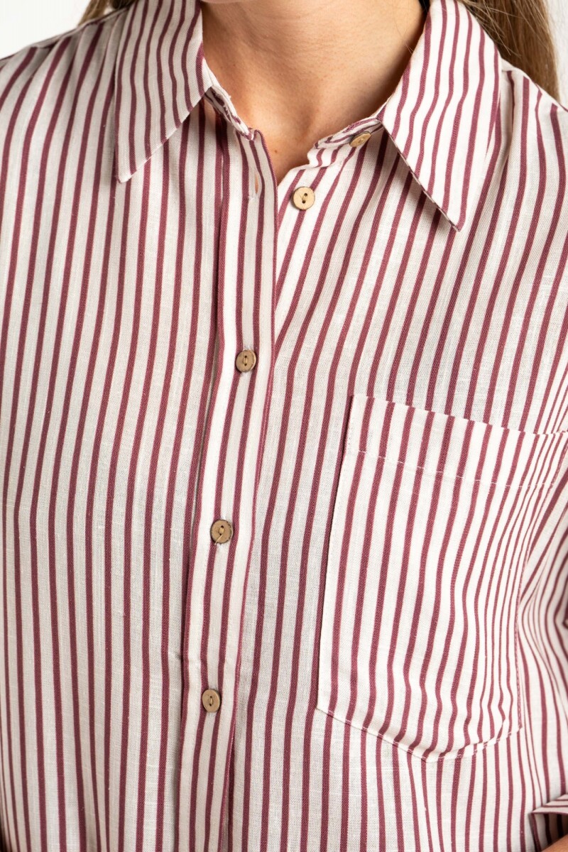Camisa Rayada Con Lino Burdeos