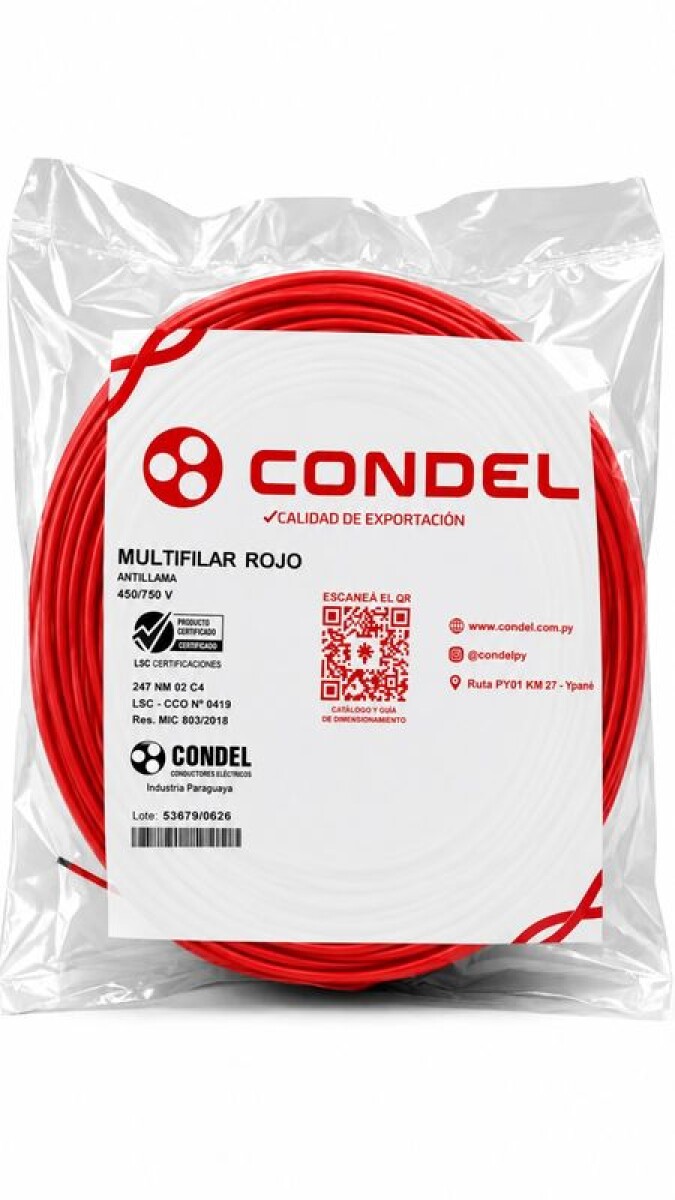 CABLE MULTIFILAR 10,00MM2 ROJO CONDEL 