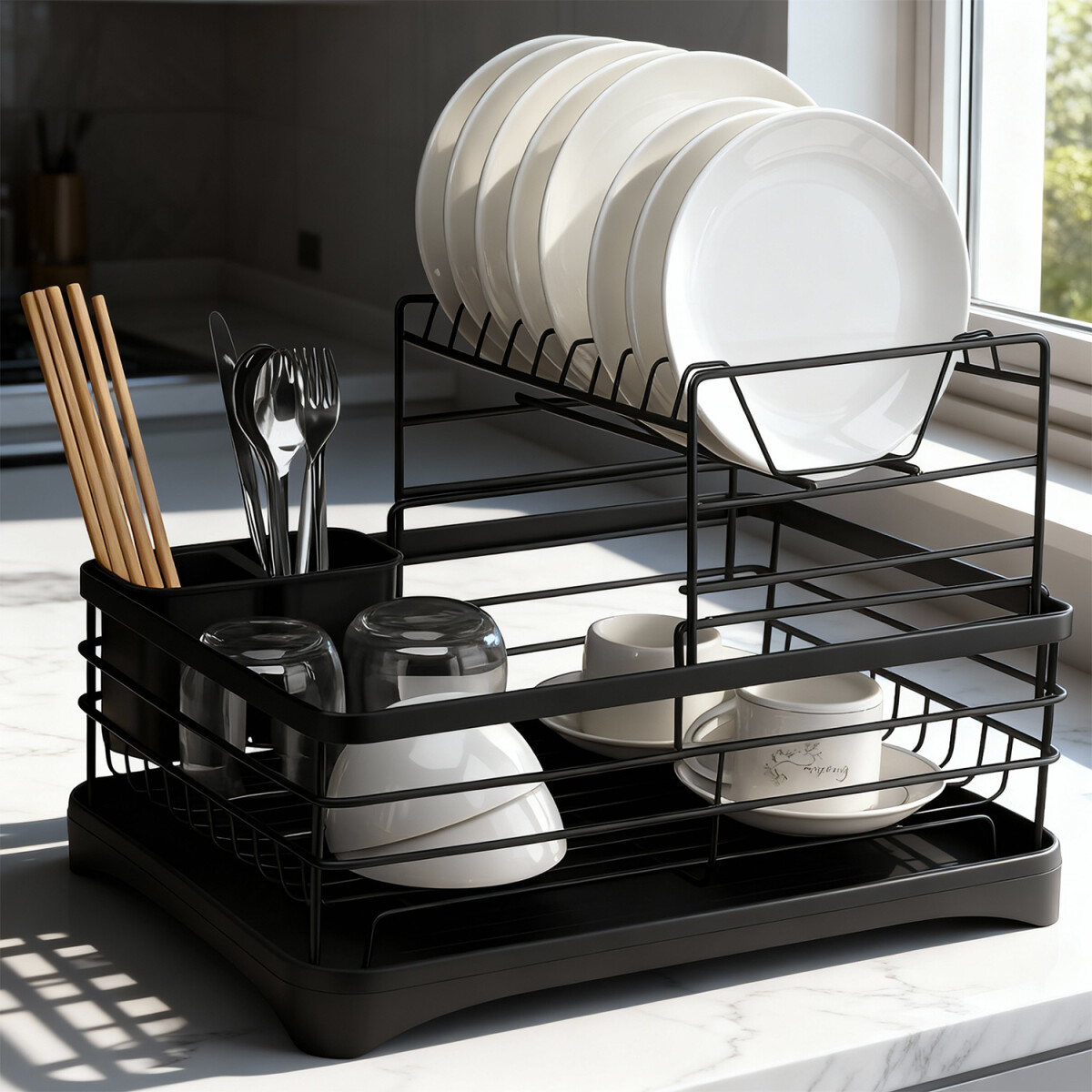 Escurridor Seca Platos Vajilla 2 Niveles Con Bandeja Drenaje Agua Cocina Imback Color Negro 