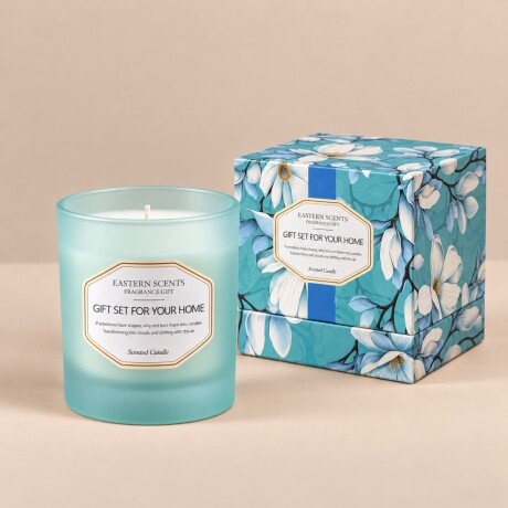 Vela Aromática en Vaso de Vidrio con Caja Floral – Azul Turquesa. Vela Aromática en Vaso de Vidrio con Caja Floral – Azul Turquesa.