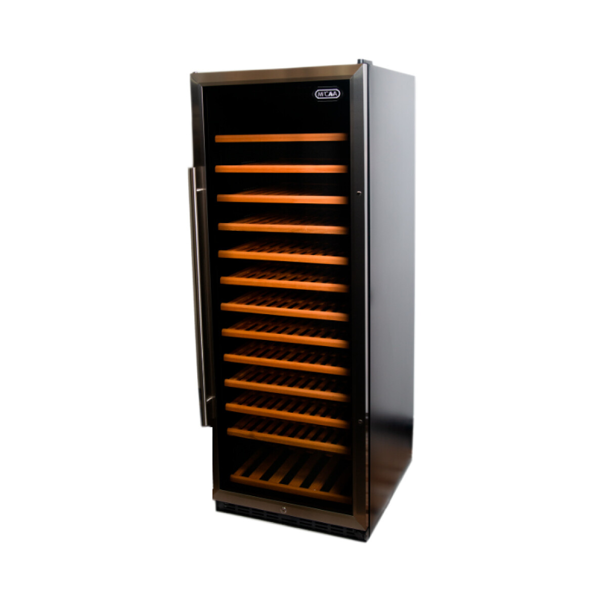 Heladera para vinos con capacidad de más de 168 a 177 botellas con estantes de madera y puerta negra 
