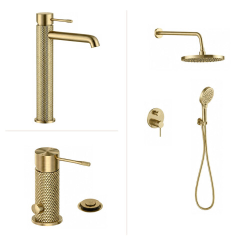 JUEGO DE GRIFERIA SIGNATURE BRUSHED GOLD CON LAVATORIO ALTO DORADO-BRUSHED GOLD