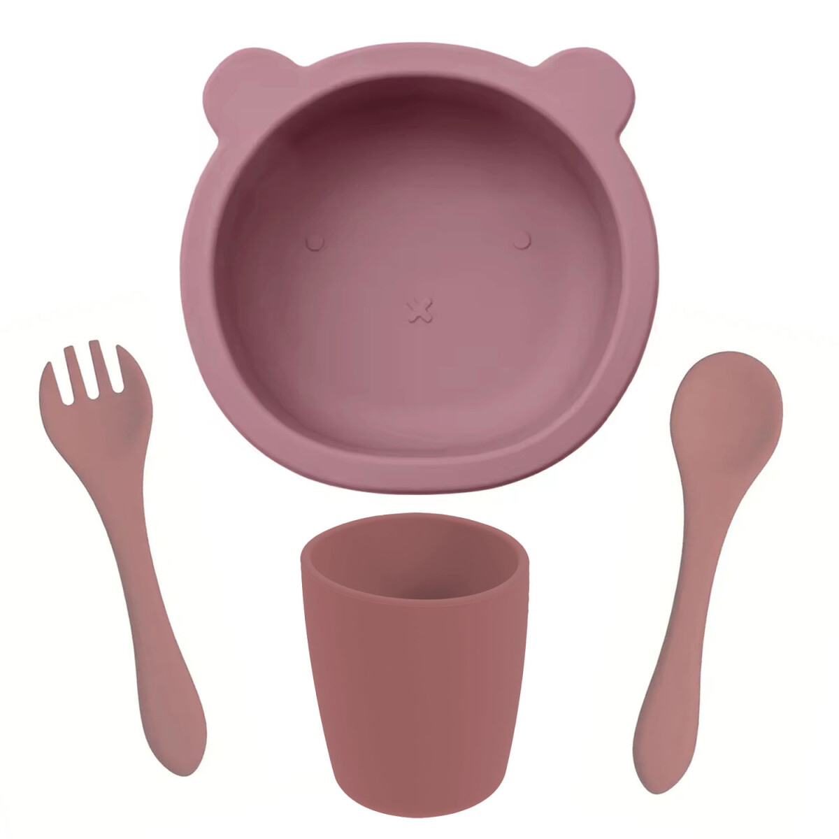 Set Comida Bebé en Silicona Bowl + Cuchara y Tenedor + Vaso - Rosa Viejo 