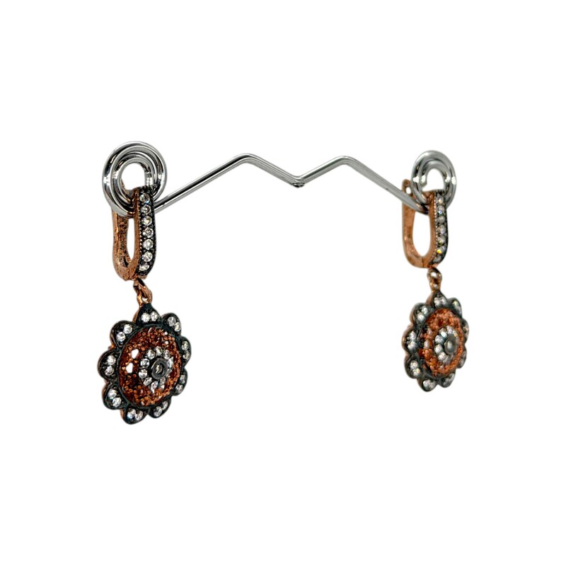 Caravanas Flor-Plata rodinada 925 con micra de oro 18k-Piedra Zirconia-CA2042 conpiedra