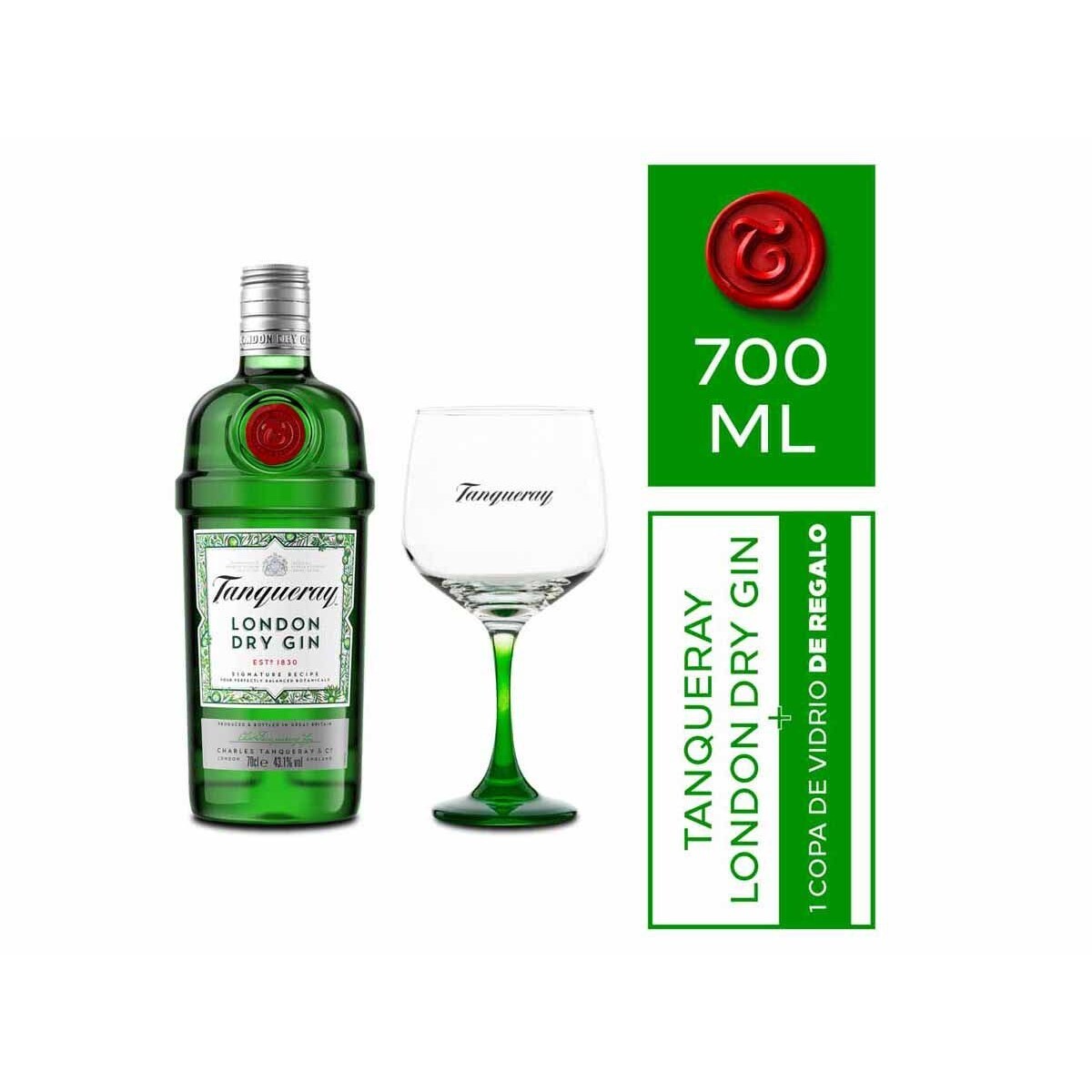 Pack Gin Tanqueray London Dry 750ML y 1 Copa de Vidrio 