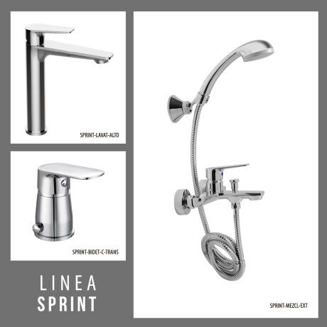JUEGO COMPLETO DE GRIFERIA INCLUYE DUCHA EXTERIOR, LAVATRIO ALTO Y BIDET TERMINACION CROMO LINEA SPRINT CROMO