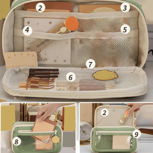 Cartuchera Organizador Escolar Grande Triple Cierre Bolsillo Color Verde